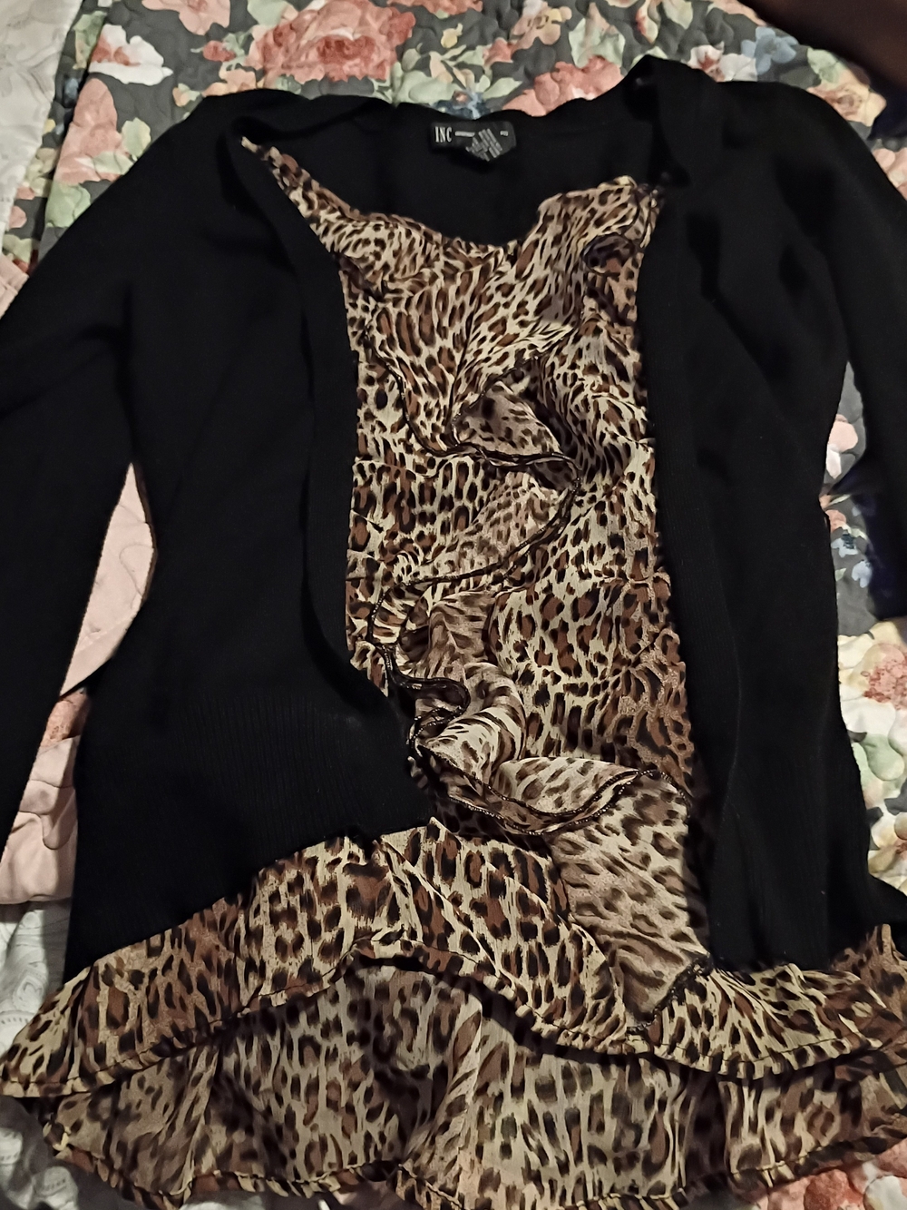 INC International Concepts Black Cardigan with Leopard Trim